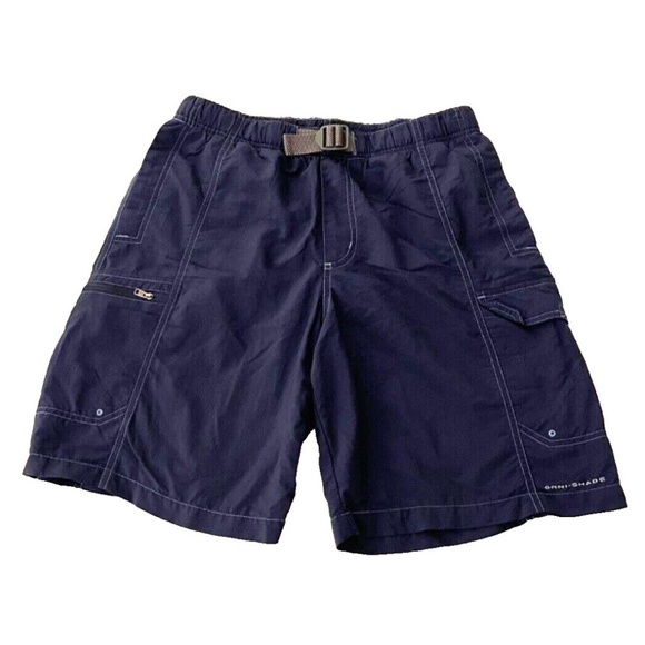 Columbia SWIM TRUNKS Bathing Suit Men's Size S Navy Blue Packable Belted Shorts - Picture 1 of 7